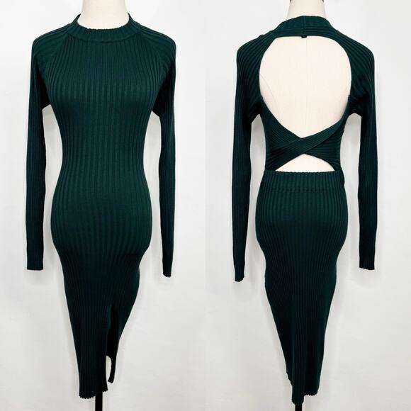 Lulu's Cozy Twist Seater Dress Green Twist Back Midi Stretchy Cocktail Size M - Picture 2 of 11